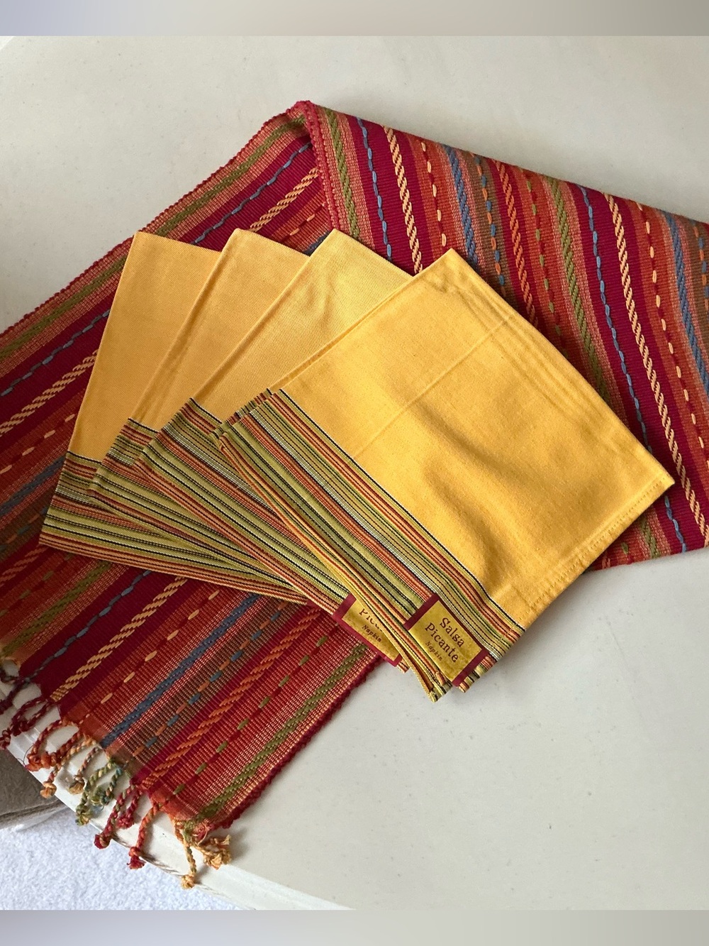 Beautiful Colorful Woven Table Runner & 4 Coordinating Yellow Napkins